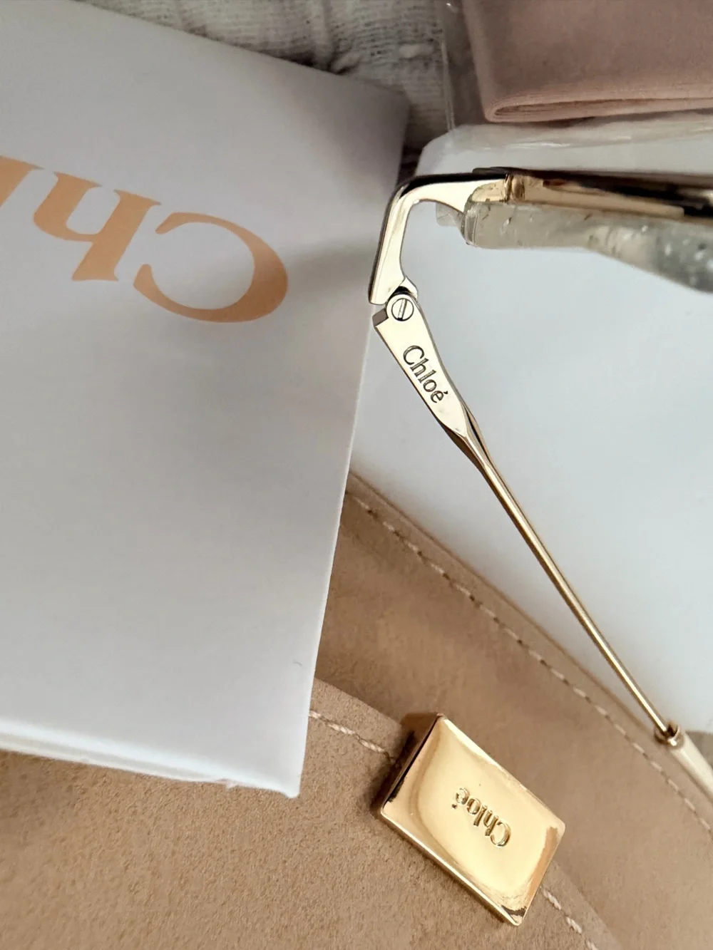 Chloe White Glitter Octagonal Sunglasses with Gold Temples